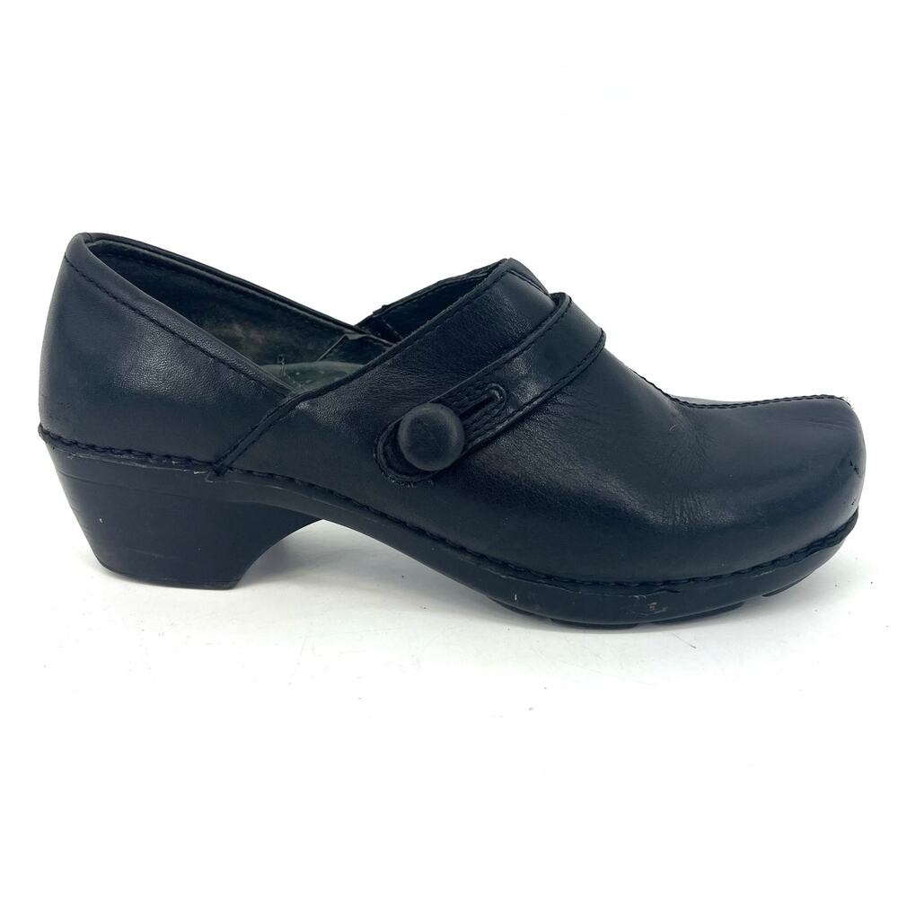 Dansko Solstice Women's 40/9.5 Black Leather Round Toe‎ Heeled Clog Comfort Shoe